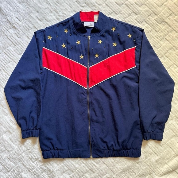 Vintage 1990s Navy Windbreaker Bomber Jacket with Red Chevron & Gold Stars L - Picture 3 of 6